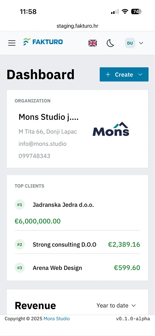 Mobilni prikaz Fakturo aplikacije